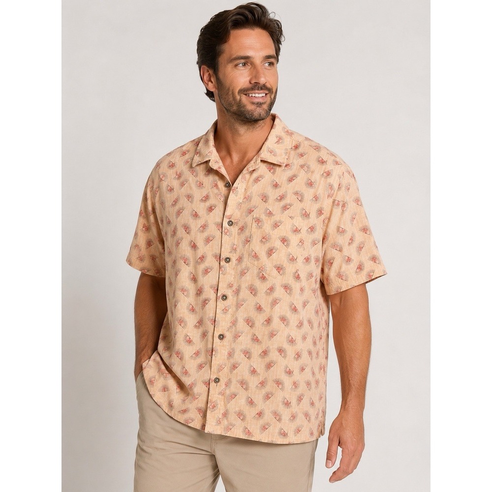 ROWM 2XT Button Front Shirt Peach Sun Print Short Sleeve Cotton Tall Mens